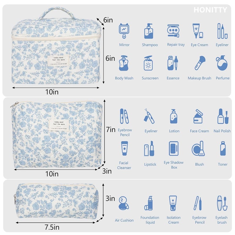 honitty Makeup Bag,Quilted Cosmetic Bag,Large Floral Make Up Bag for Women,Cotton Makeup Bag Set,Flower Travel Toiletry Bag - Image 2